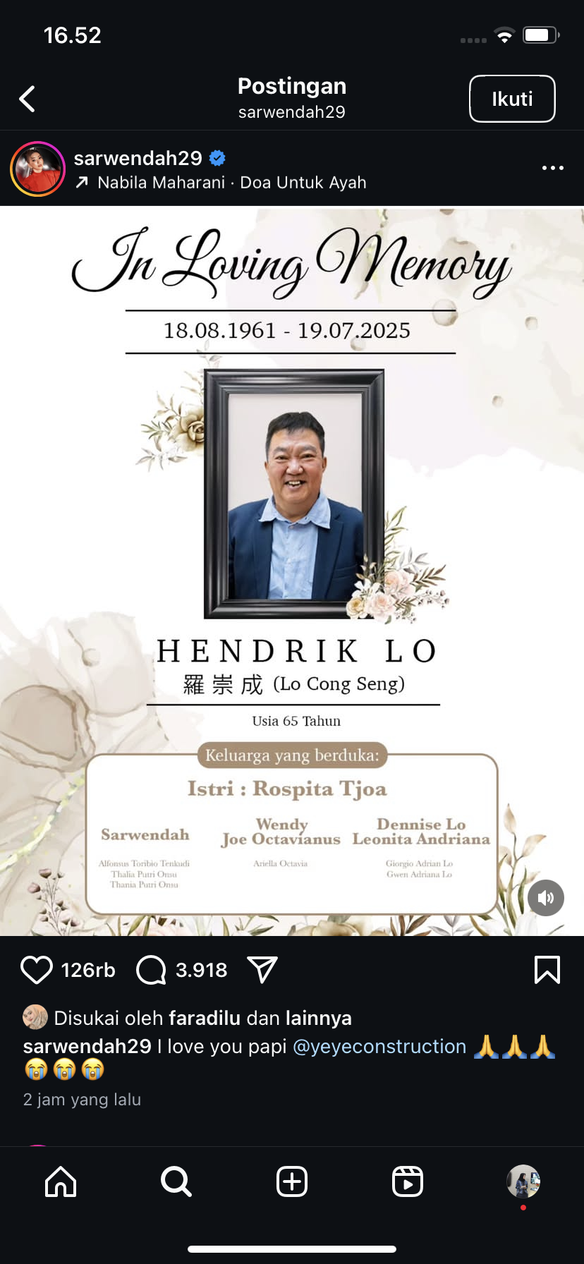 Hendrik Lo, ayah Sarwendah meninggal dunia