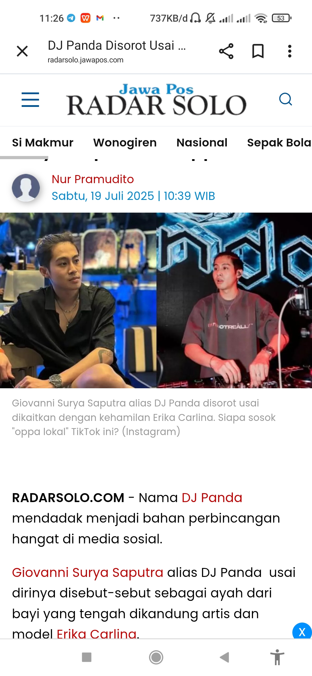 Giovanni Surya Saputra atau DJ Panda soale kehamilan Erika Carlina