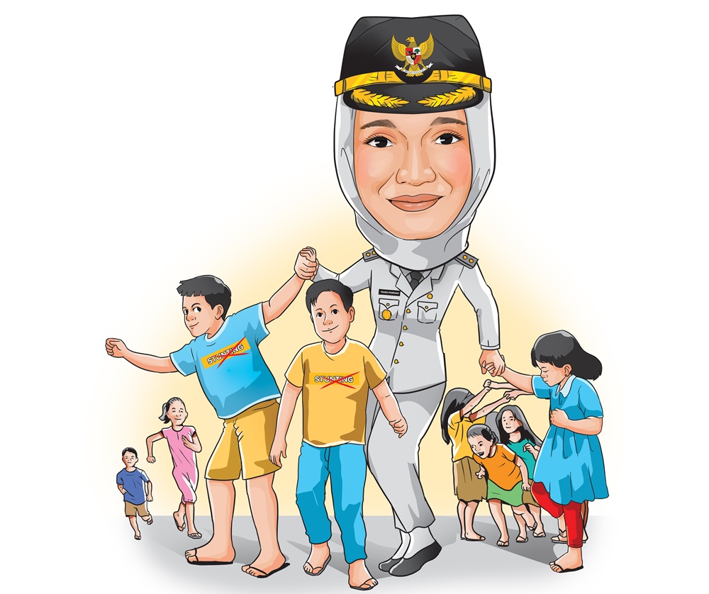 Ilustrasi Wali Kota Kediri Vinanda menggandeng anak-anak untuk tuntaskan stunting.