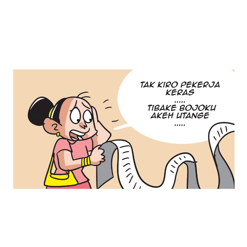 Ilustrasi istri yang sibuk menghitung utang suaminya.