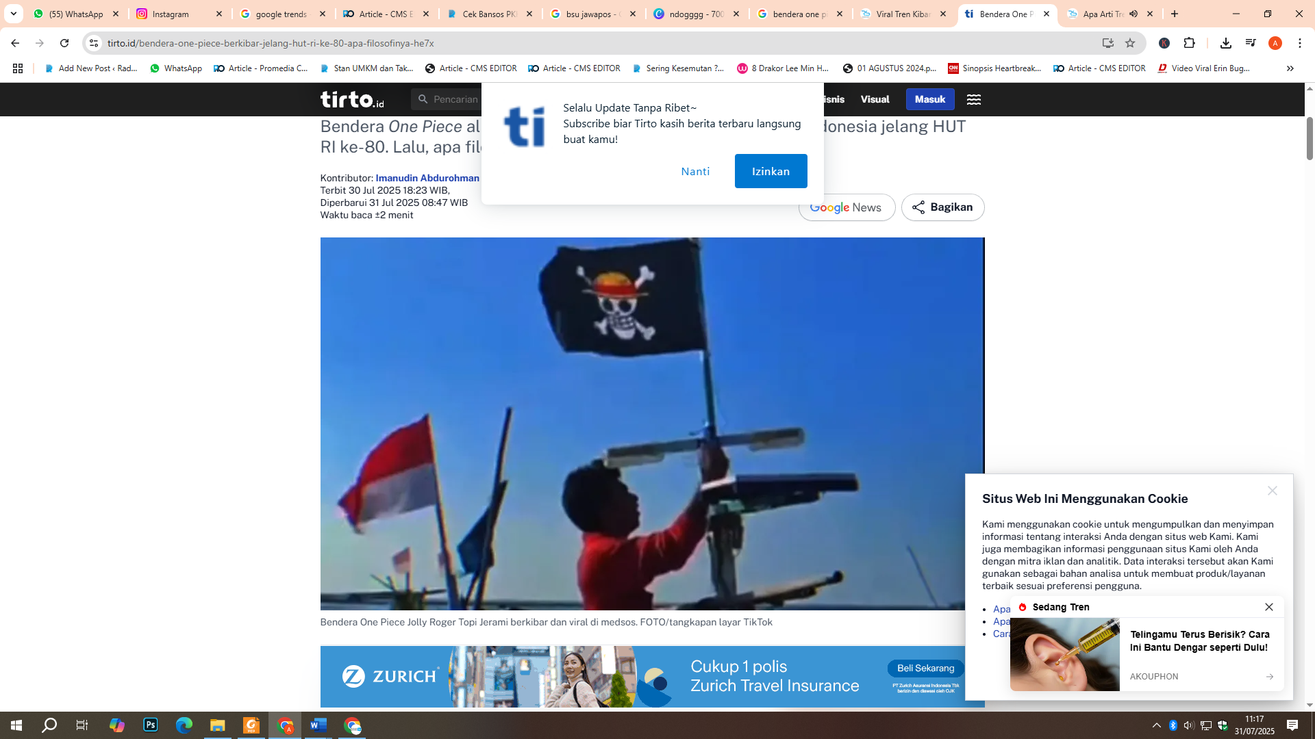 Menjelang HUT RI ke-80, viral tren kibarkan bendera One Piece berkibar di berbagai wilayah Indonesia