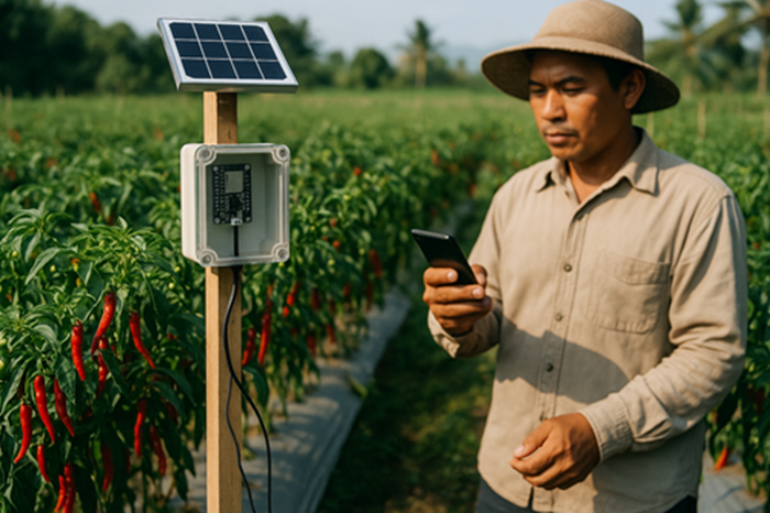 Gambar petani cabai yang sedang menggunakan alat iot, Ilustrasi BY Sora.ai