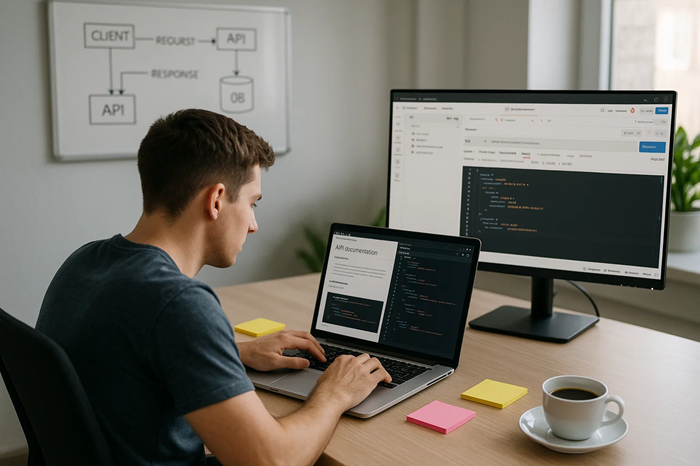 Gambar seorang yang memprogram API ilustrasi BY Sora.ai