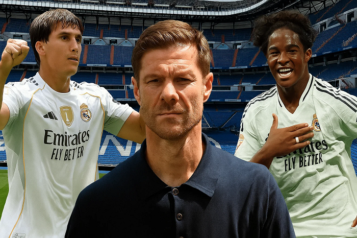 Xabi, Endrick, dan Gonzalo Garcia Bacgkround Santiago Bernabeu by Sora AI
