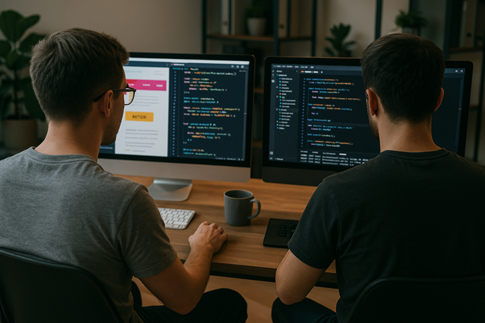 Gambar orang yang berkerja di frontend dan backend ilustrasi BY Sora.ai