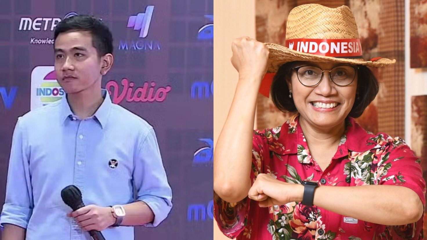 Wapres Gibran saat Kampanye pada Pilpres 2024 (kiri), Sri Mulyani saat cosplay jadi Luffy (kanan).