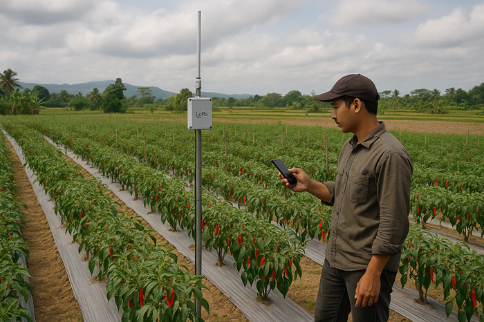 Gambar petani cabai yang memantau lewat alat dengan modul lora ilustrasi BY Sora.ai