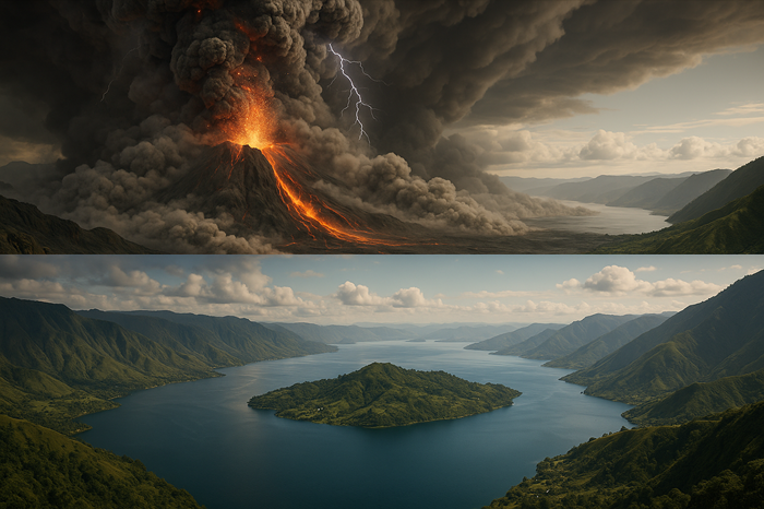 Gunung Toba 74 ribu tahun lalu BY sora AI