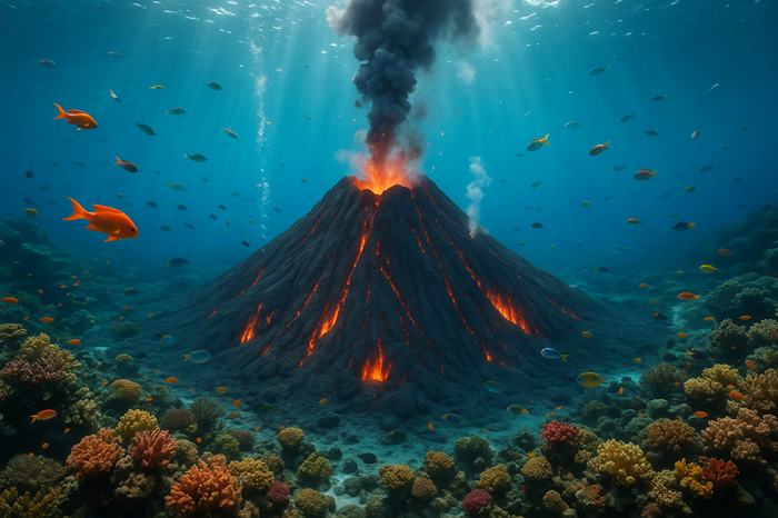 Gambar gunung berapi di bawah laut ilustrasi BY Sora.ai