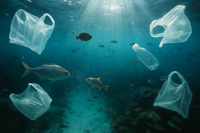 Gambar lautan yang tercemar oleh sampah plastik, Sora.ai