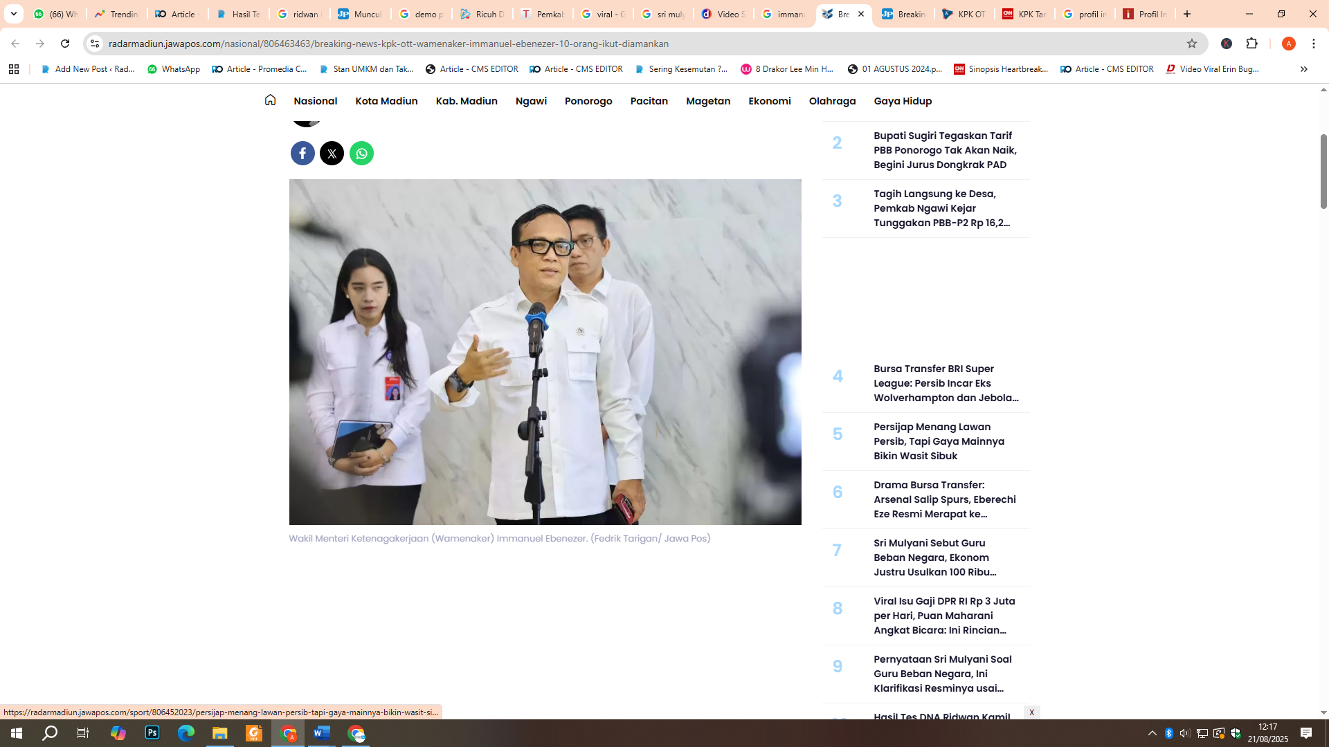 Wakil Menteri Ketenagakerjaan (Wamenaker) Immanuel Ebenezer kena OTT KPK