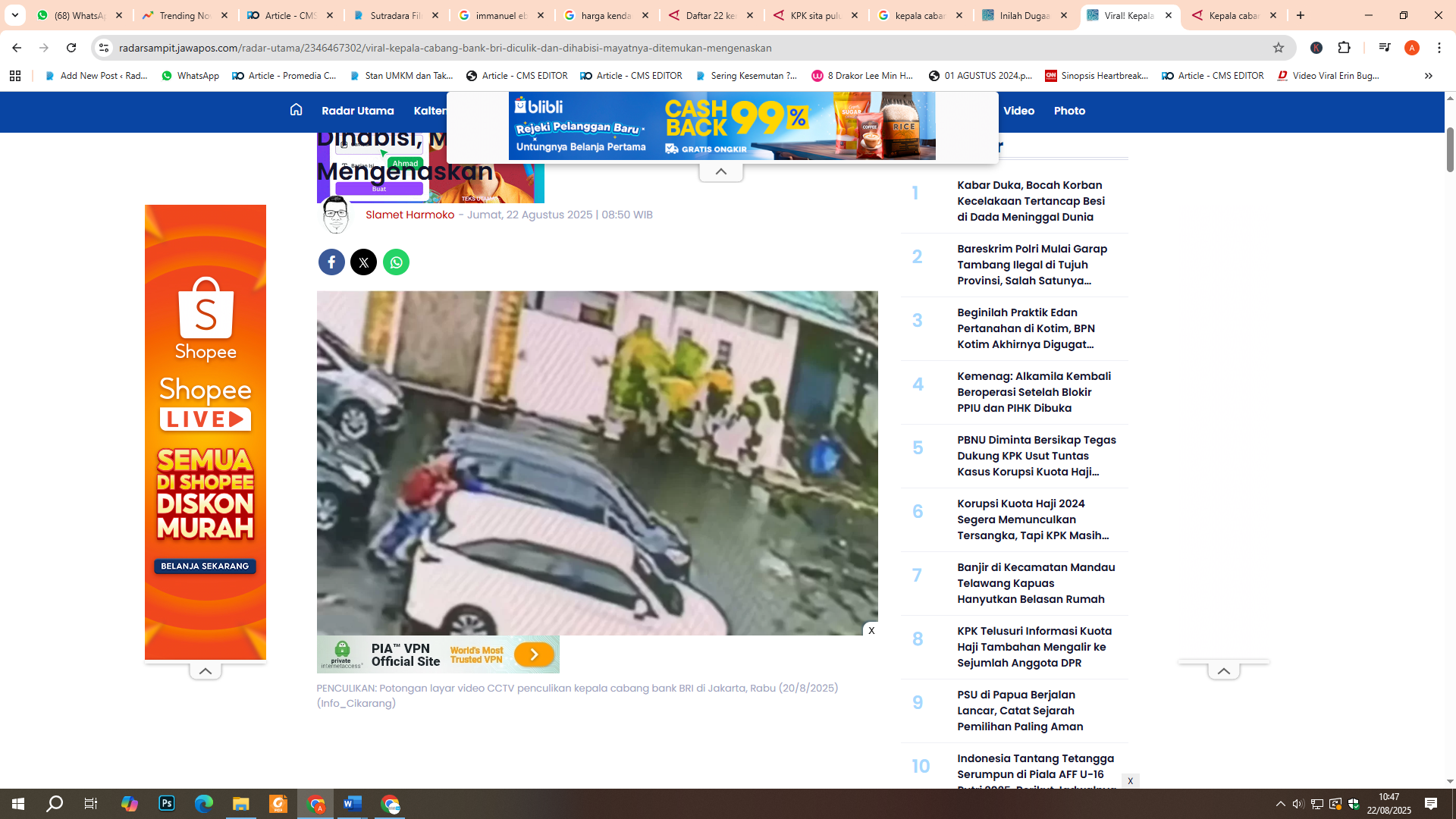 Tangkapan layar CCTV penculikan kepala cabang BRI