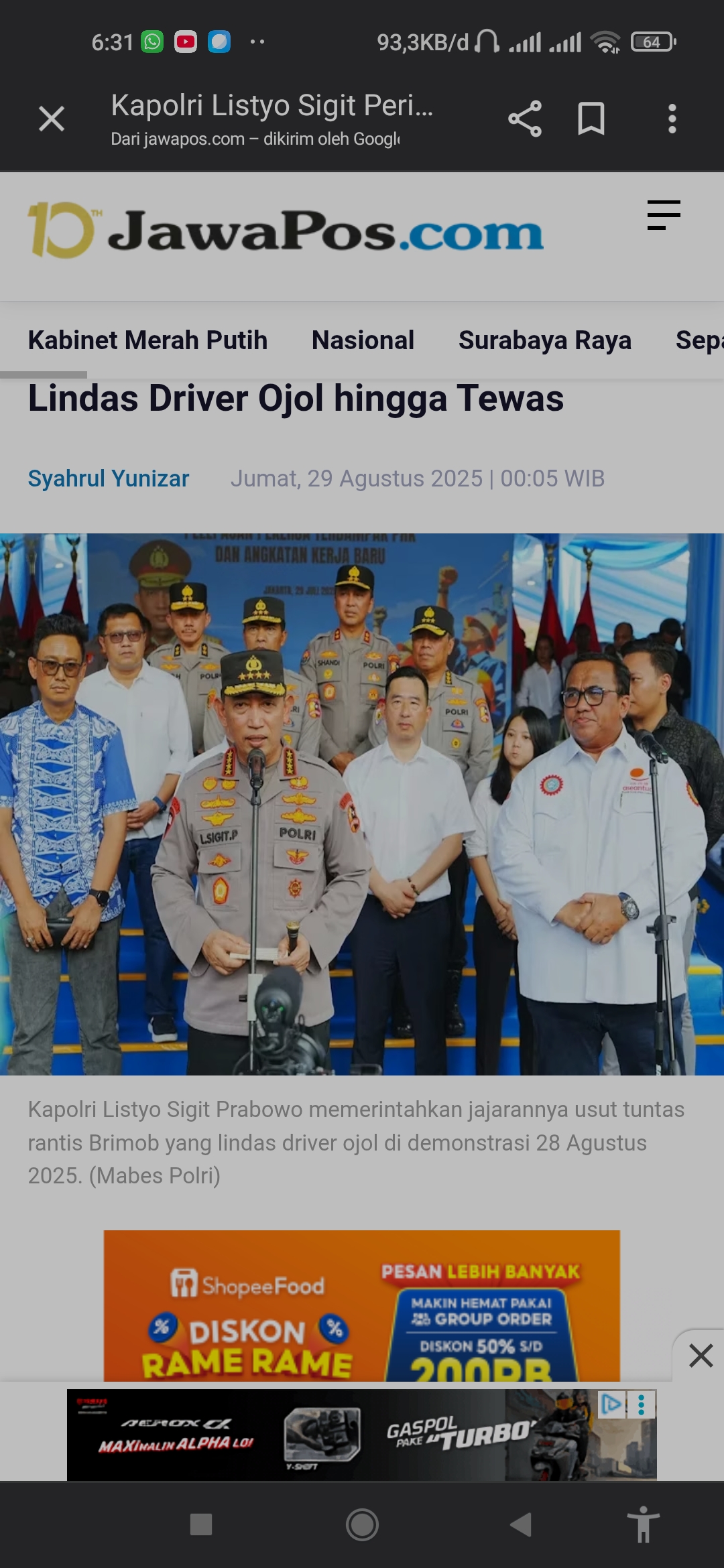 Kapolri Listyo Sigit Prabowo datangi rumah keluarga korban driver ojol yang terlindas rantis brimob
