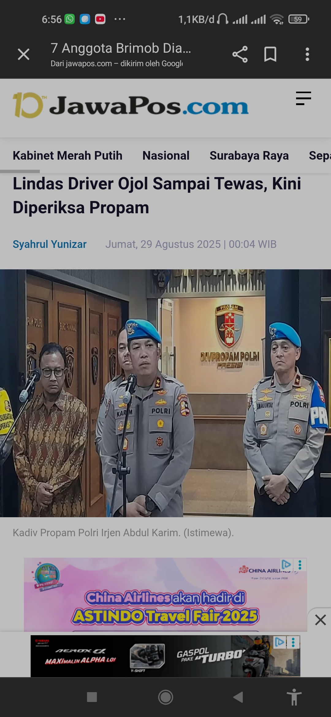 Kadiv Propam Polri Irjen Abdul Karim periksa 7 pelaku imbas brimob lindas ojol