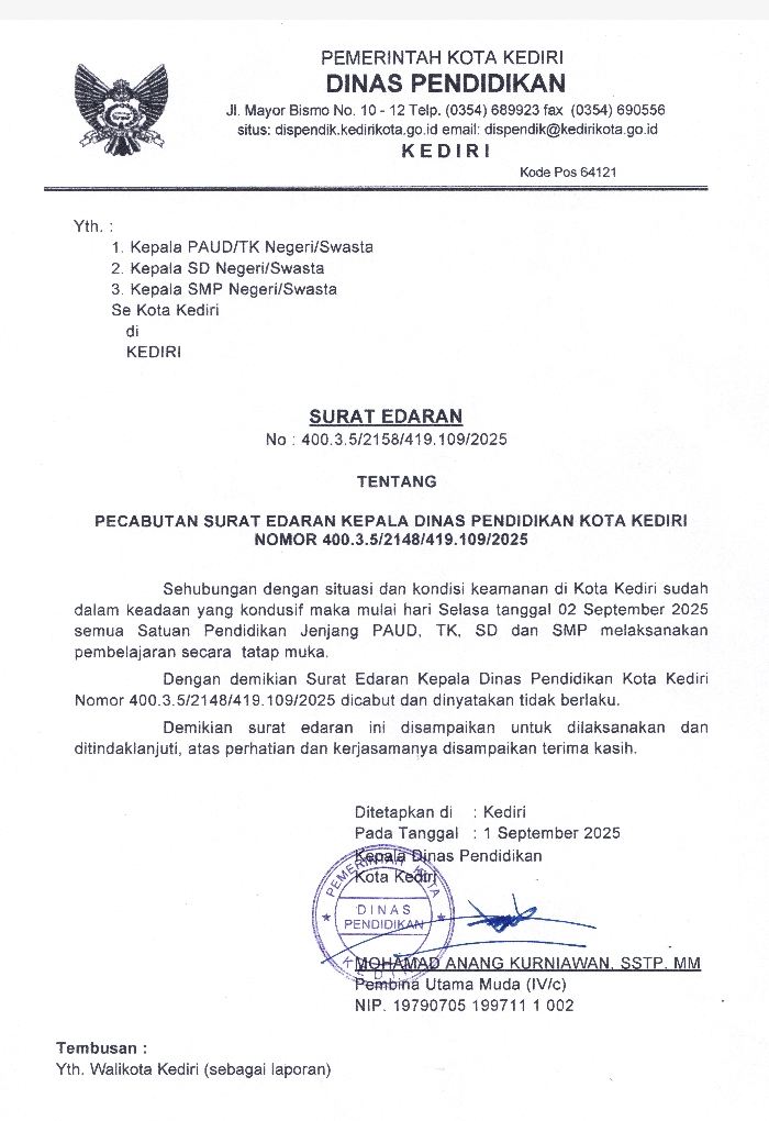 SURAT EDARAN: Dinas Pendidikan Kota Kediri melaksanakan pembelajaran tatap muka.