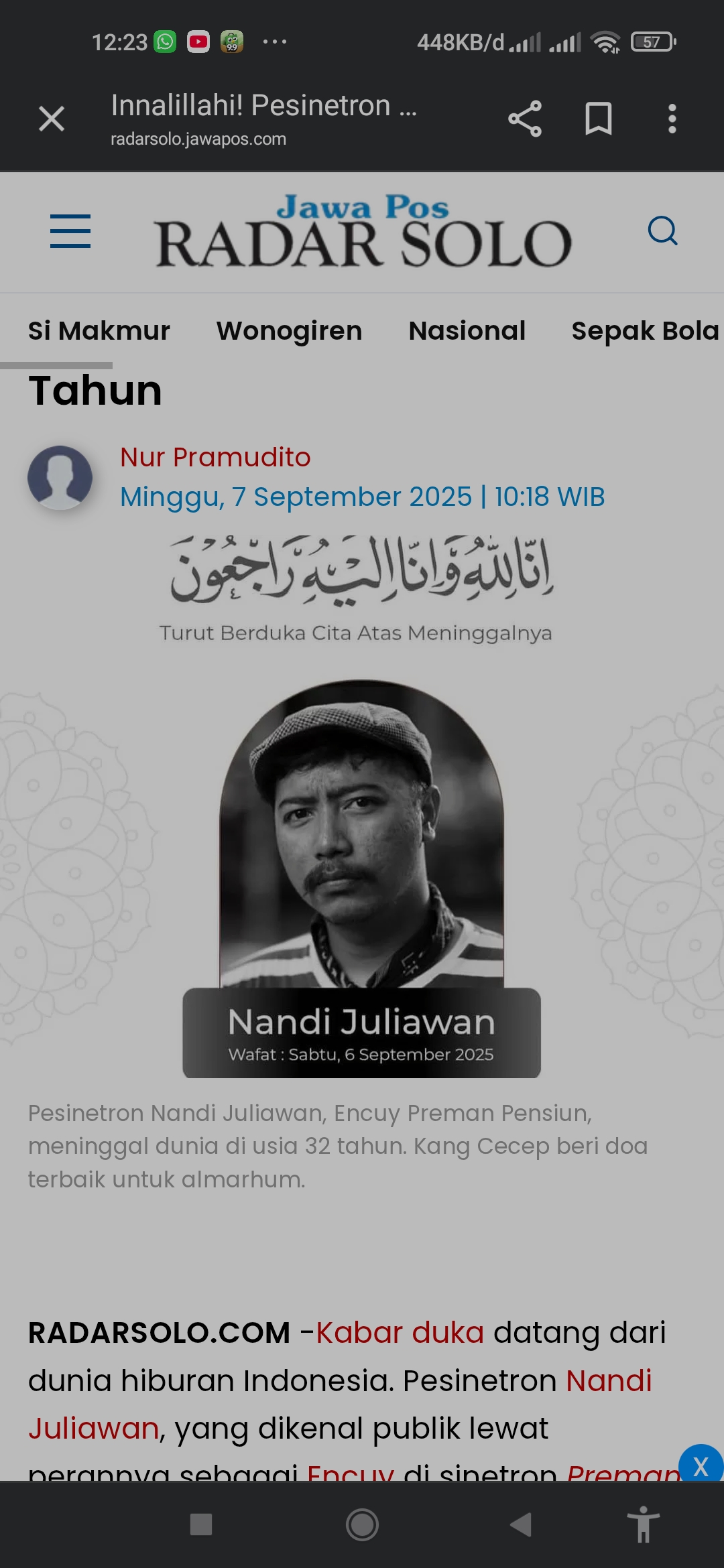 Pemeran Encuy preman pensiun meninggal dunia