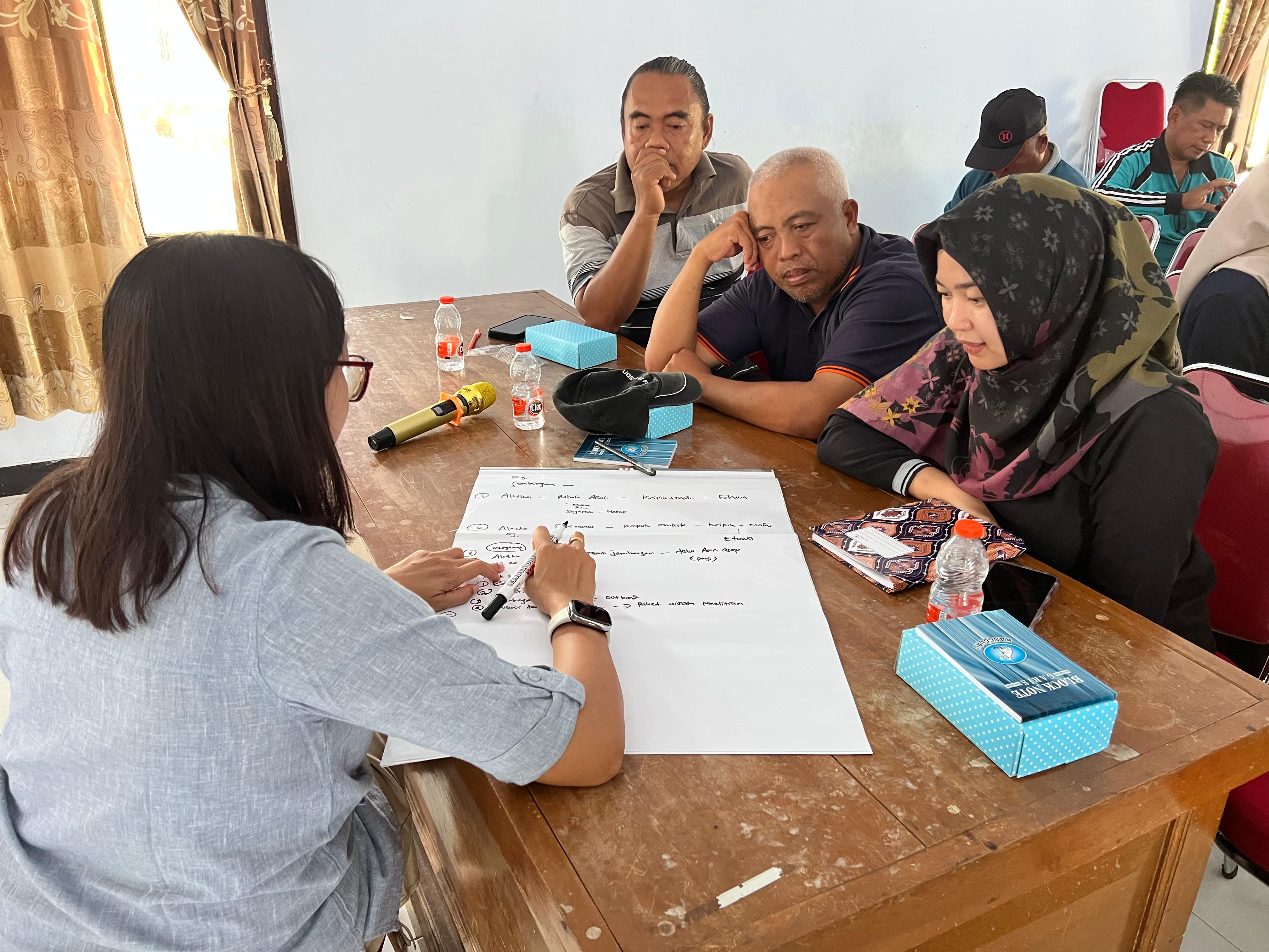 LEBIH DEKAT: Ketua PkM Dosen UNP Kediri Tutut Indah Sulistiyowati, M.Si saat mendata potensi desa bersama warga dan stakeholder desa.