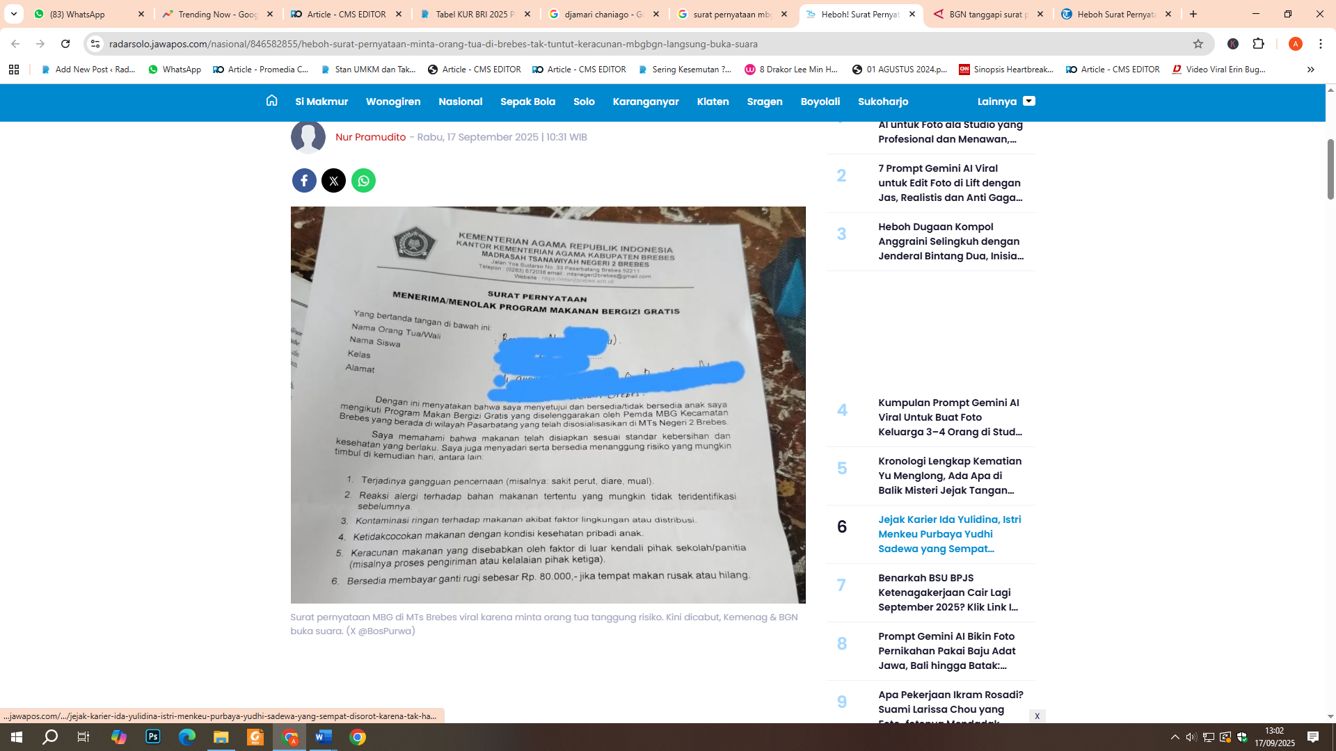 Surat pernyataan MBG di MTs Brebes