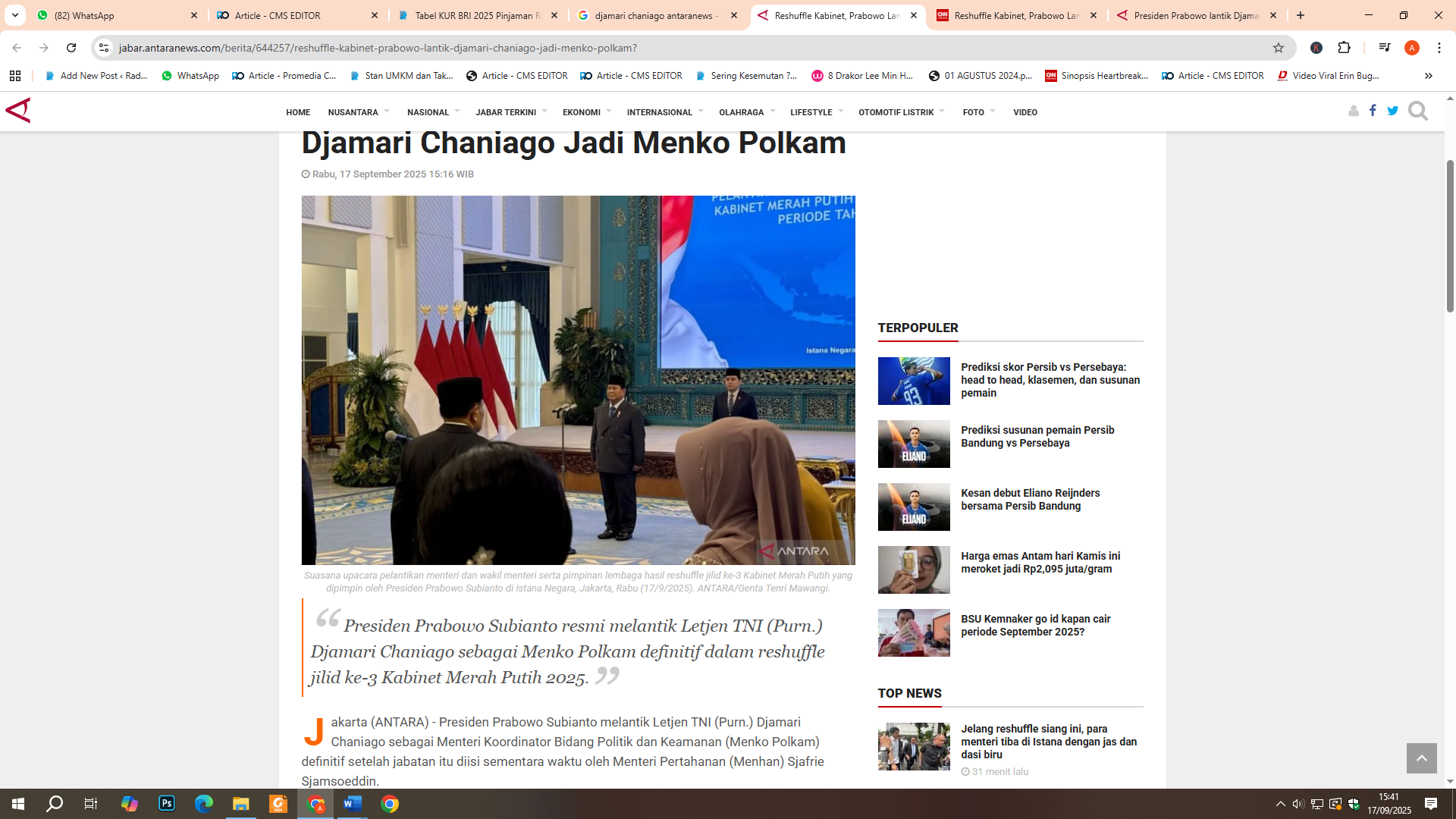 Pelantikan Djamari Chaniago sebagai menko polkam