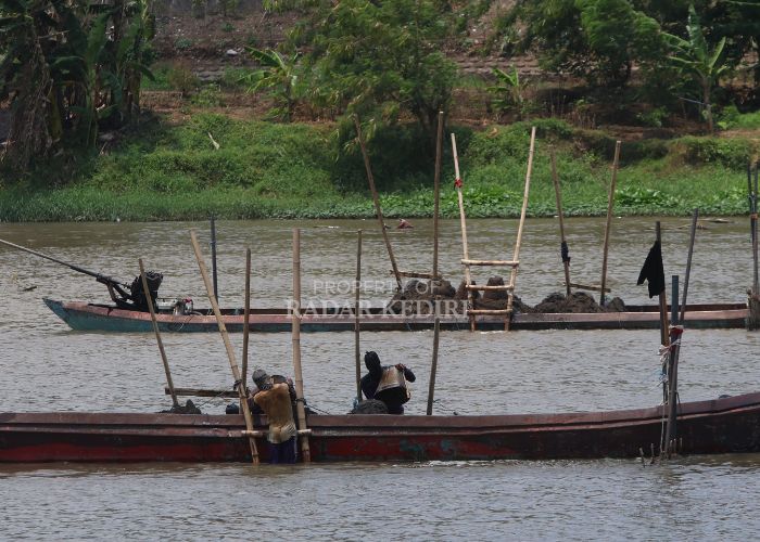 Pantauan Jawa Pos Radar Kediri sedikitnya ada tiga perahu penambang pasir yang kemarin beroperasi di utara Jembatan Brawijaya.