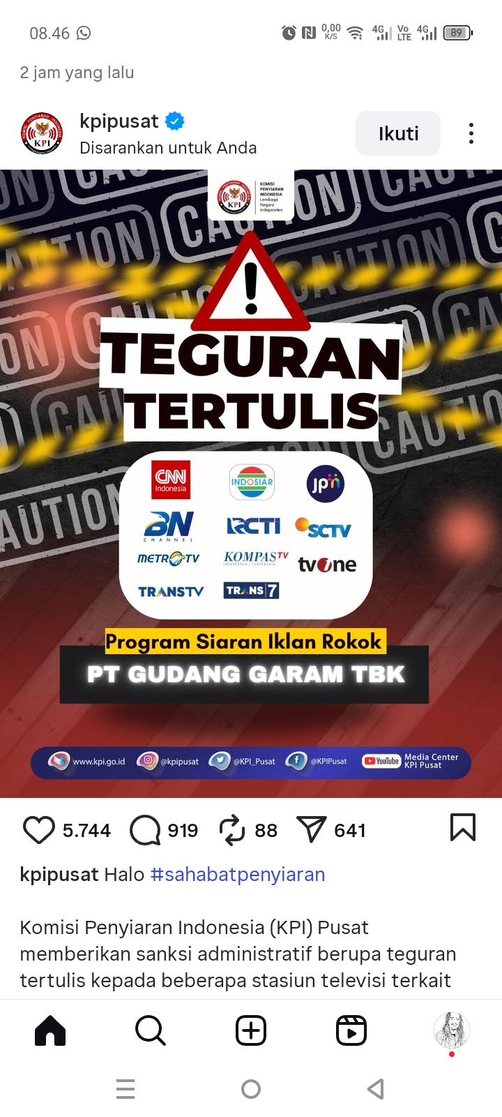 TEGURAN LISAN:  Akun Instagram KPI pusat soal sanski ke sebelas televisi