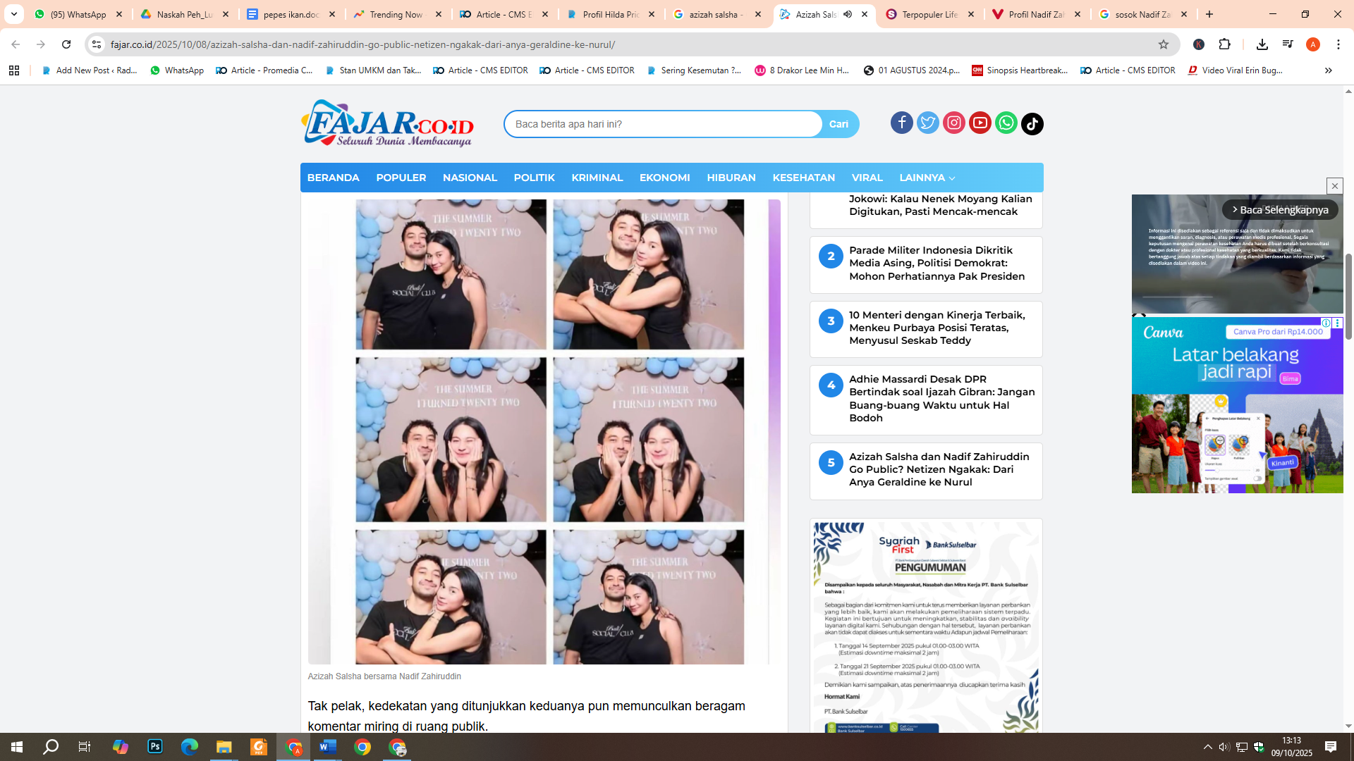 Nadif Zahiruddin diisukan Kekasih Baru Azizah Salsha