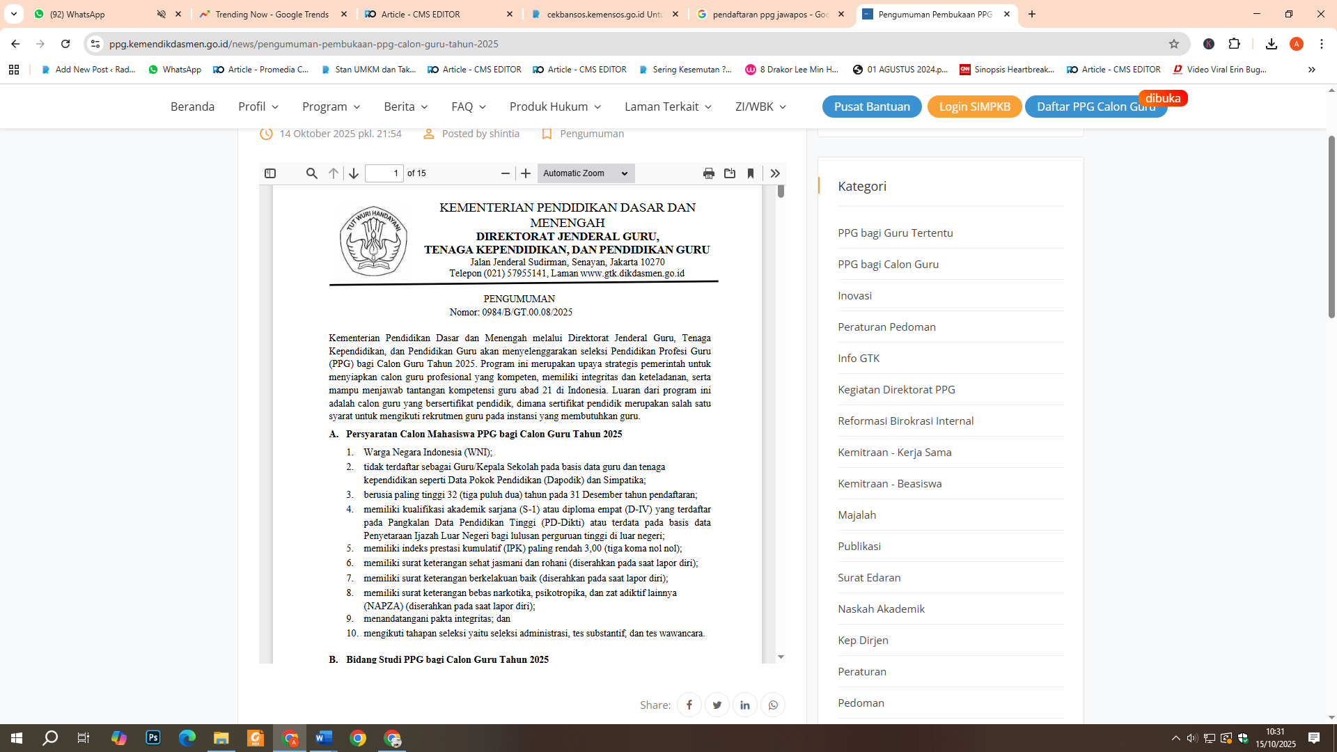 Pengumuman Pembukaan PPG Calon Guru Tahun 2025