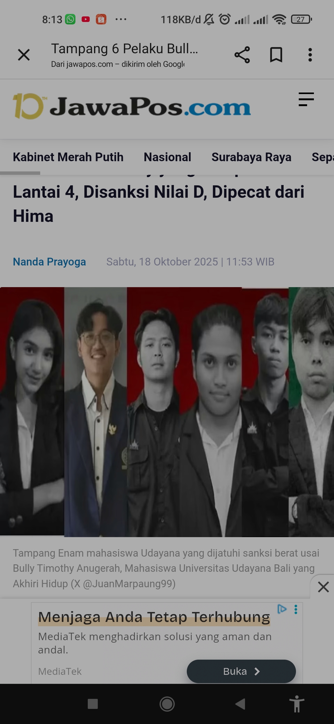 Sosok 6 mahasiswa Udayana yang dijatuhi sanksi atas bullying almarhum Timothy Anugerah