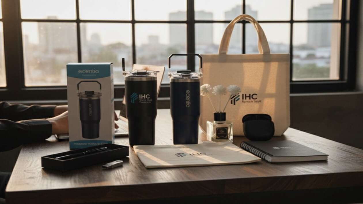 Kumpulan isi seminar kit yang lengkap, termasuk goodie bag berlogo, buku catatan, tumbler, pulpen, ditata rapi sebagai contoh alat promosi acara.