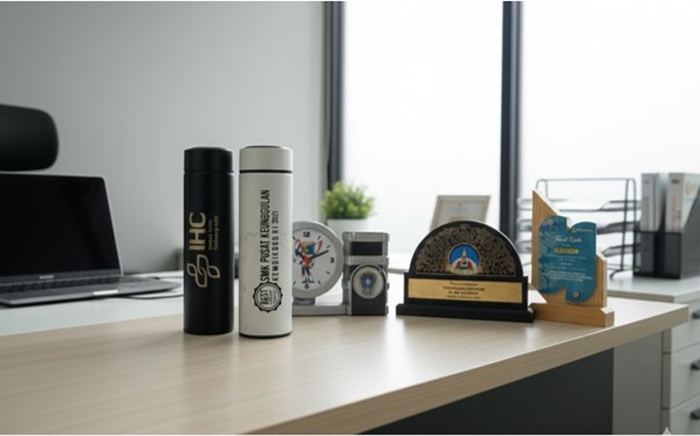Contoh paket seminar kit lengkap berisi tumbler, plakat, dan jam meja eksklusif dengan branding profesional