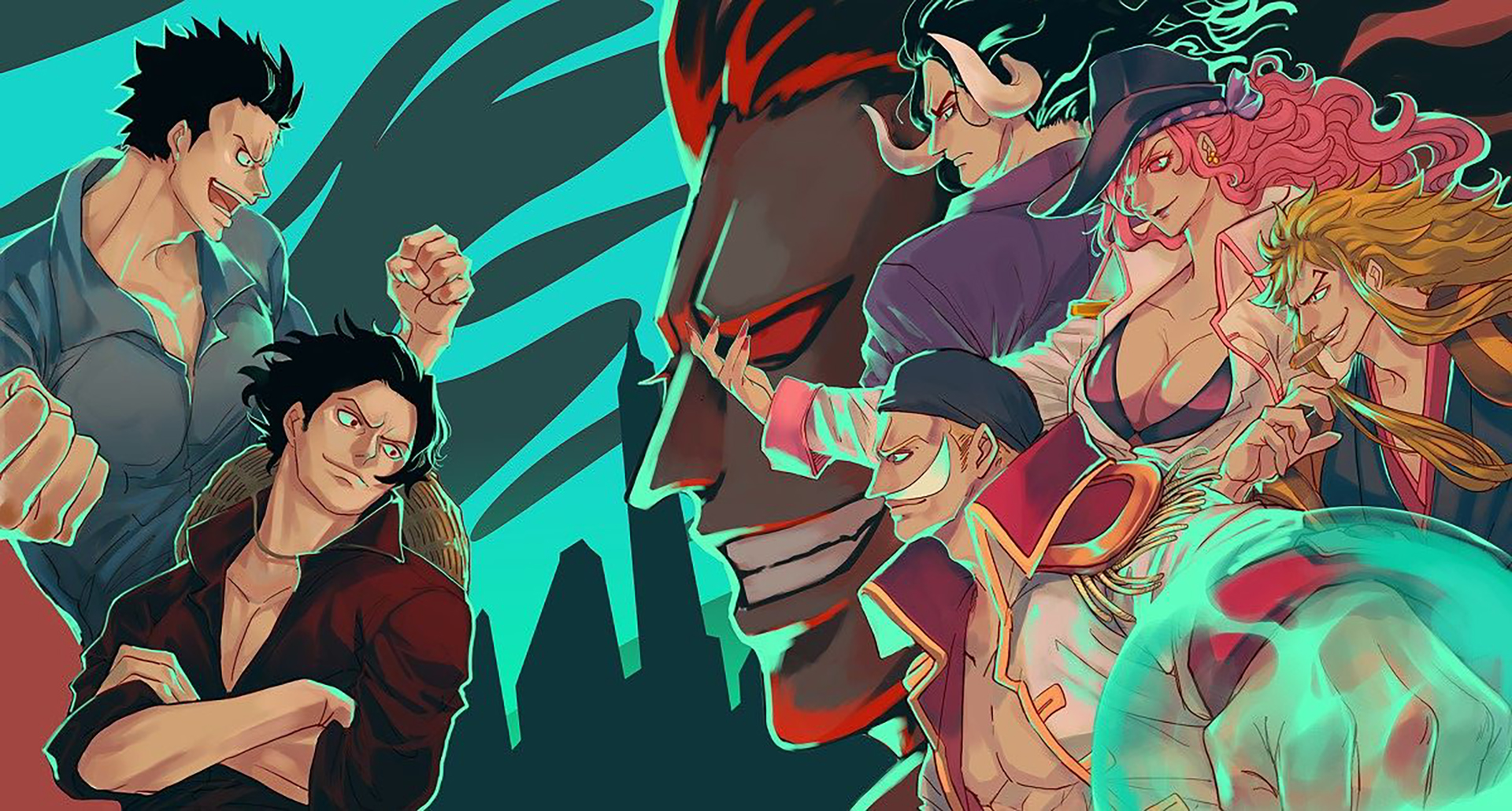 Bajak laut Rocks melawan kolaborasi Bajak Laut Roger dan Monkey D. Garp.