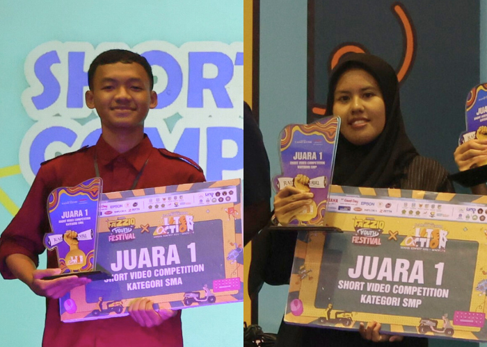 TOTALITAS: Reyvan Putra Ramadhan dari SMAN 7 Kediri (kiri) dan Daffa Faeyza Rosyid Al Wafiy dari SMPN 5 Nganjuk berhasil menjuarai Short Video Competition di ajang School Contest GenZverse 2025.