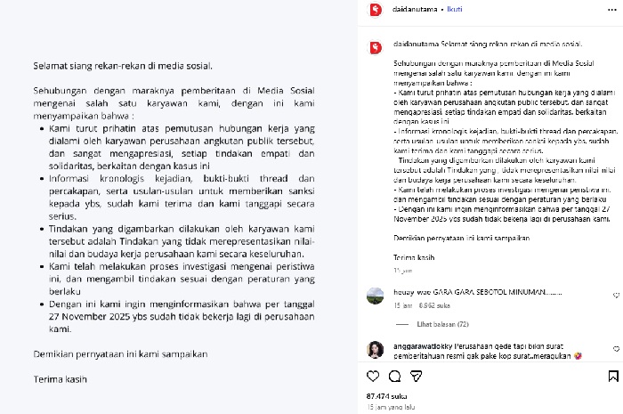 Pernyataan Daidan Utama, perusahaan tempat Anita Dewi bekerja
