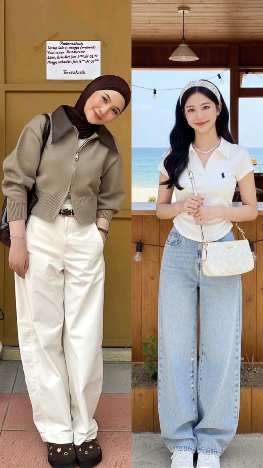 Contoh mix and match clean outfit untuk hijab maupun non hijab. Didominasi warna-warna netral dengan aksesoris senada.