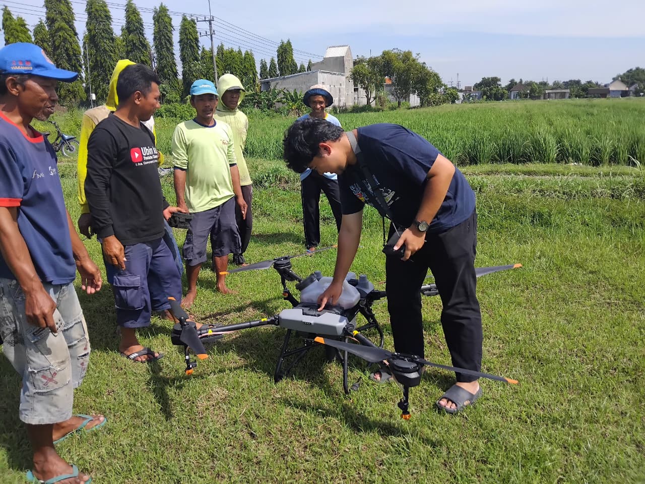 Petani Desa Sambiresik mengoperasikan drone untuk menyemprot padi (Diana Yunita Sari)