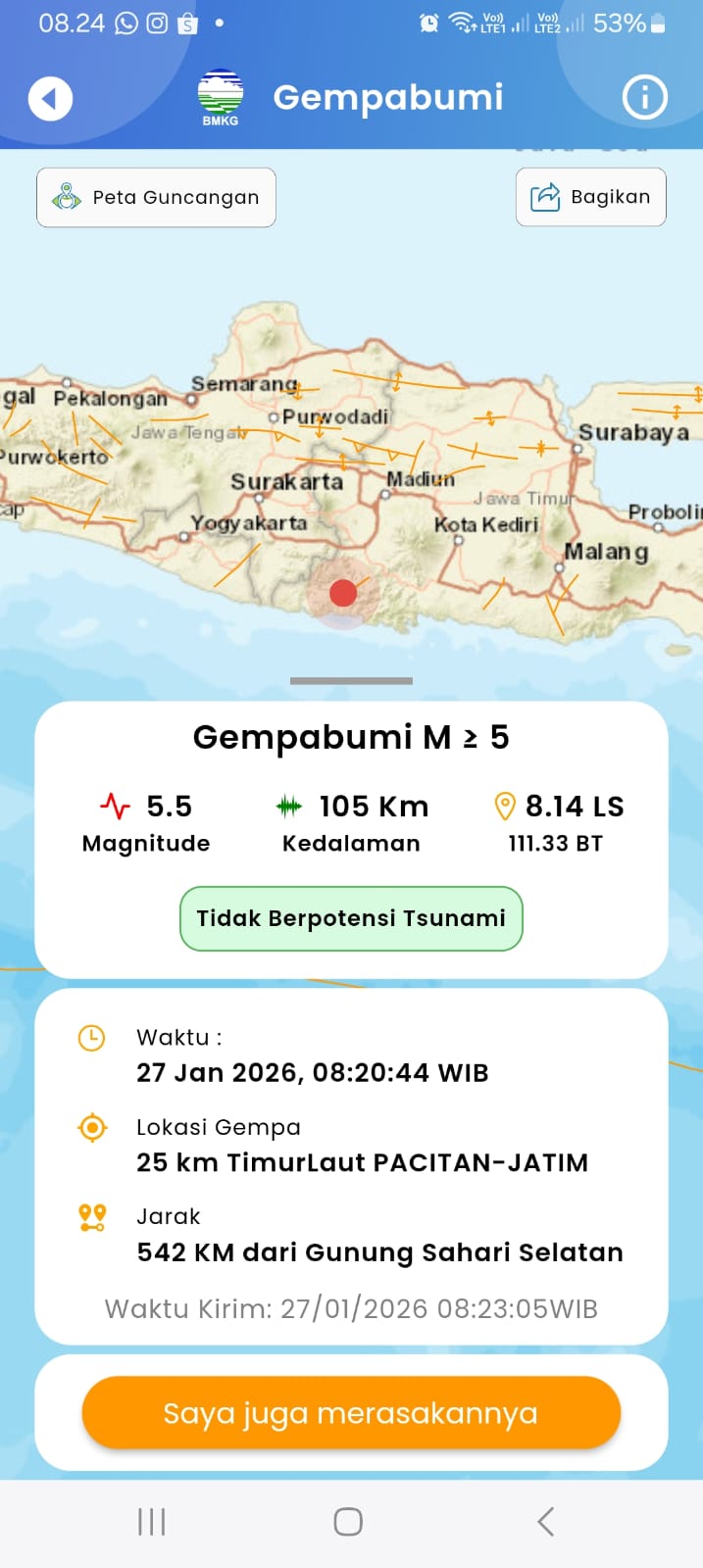 Gempa dengan 5,5  magnitudo terjadi di area Pacitan. Getarannya terasa sampai Kediri
