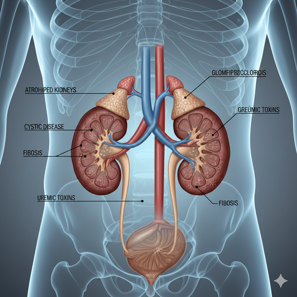 Ilustrasi gagal ginjal kronis yang ditandai dengan penyusutan ukuran ginjal (atrofi) serta kerusakan jaringan akibat fibrosis dan kista. (Ilustrasi Gemini)