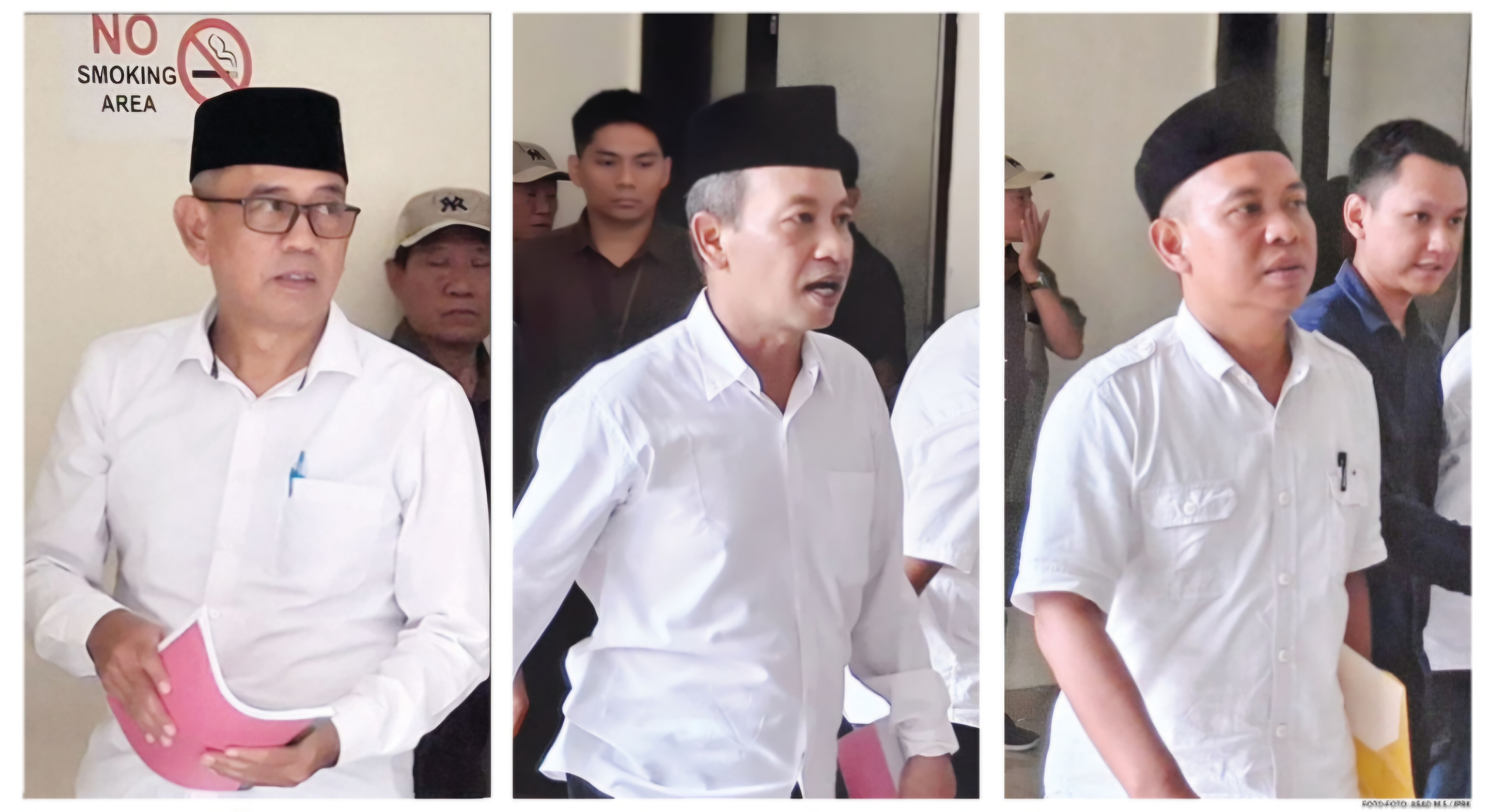 Dari kiri, Kades Kalirong, Tarokan Imam Jamiin; Kades Pojok, Wates, Darwanto; dan Kades Mangunrejo, Ngadiluwih Sutrisno, terdakwa kasus rekayasa rekrutmen perangkat desa di PN Tipikor Surabaya (6/2).