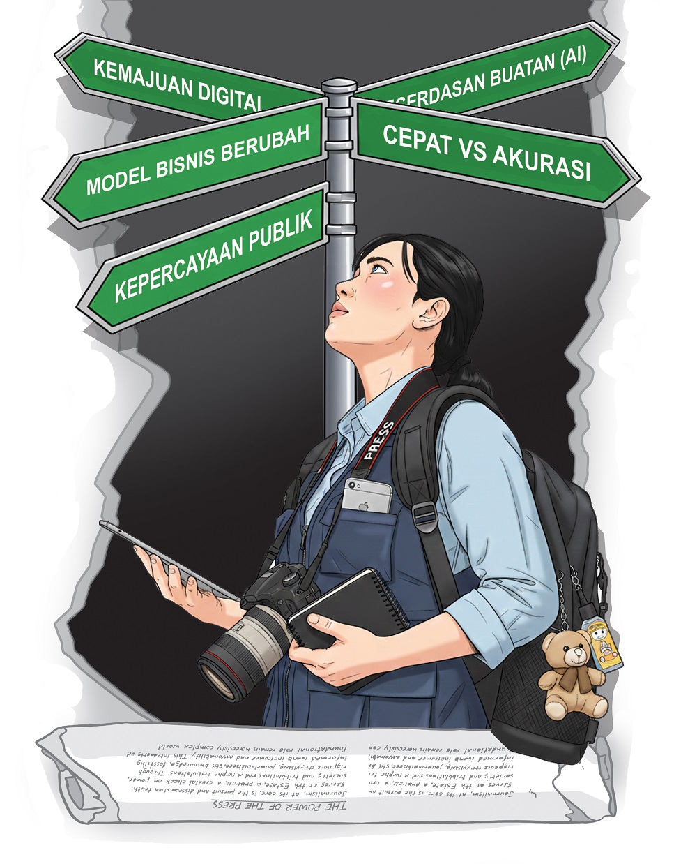 Ilustrasi jurnalis di persimpangan jalan.
