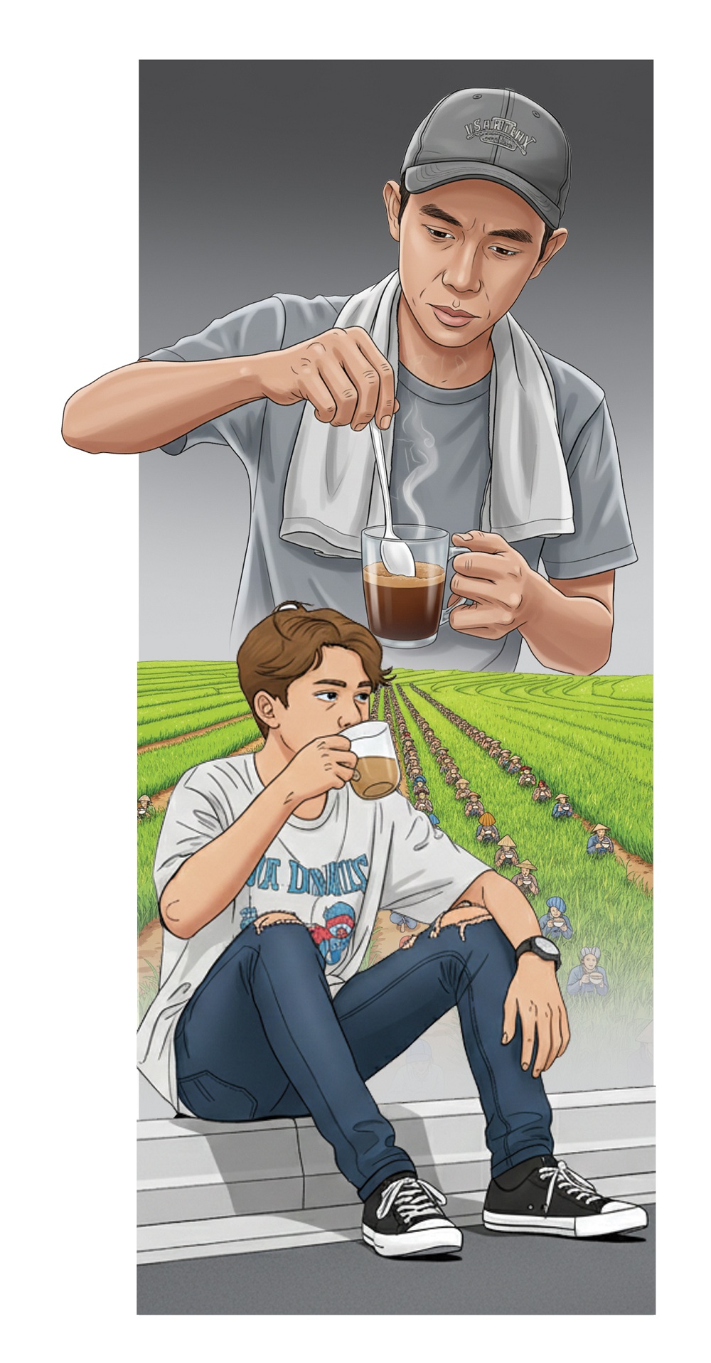 Ilustrasi gaya hidup ngopi di pinggir jalan.