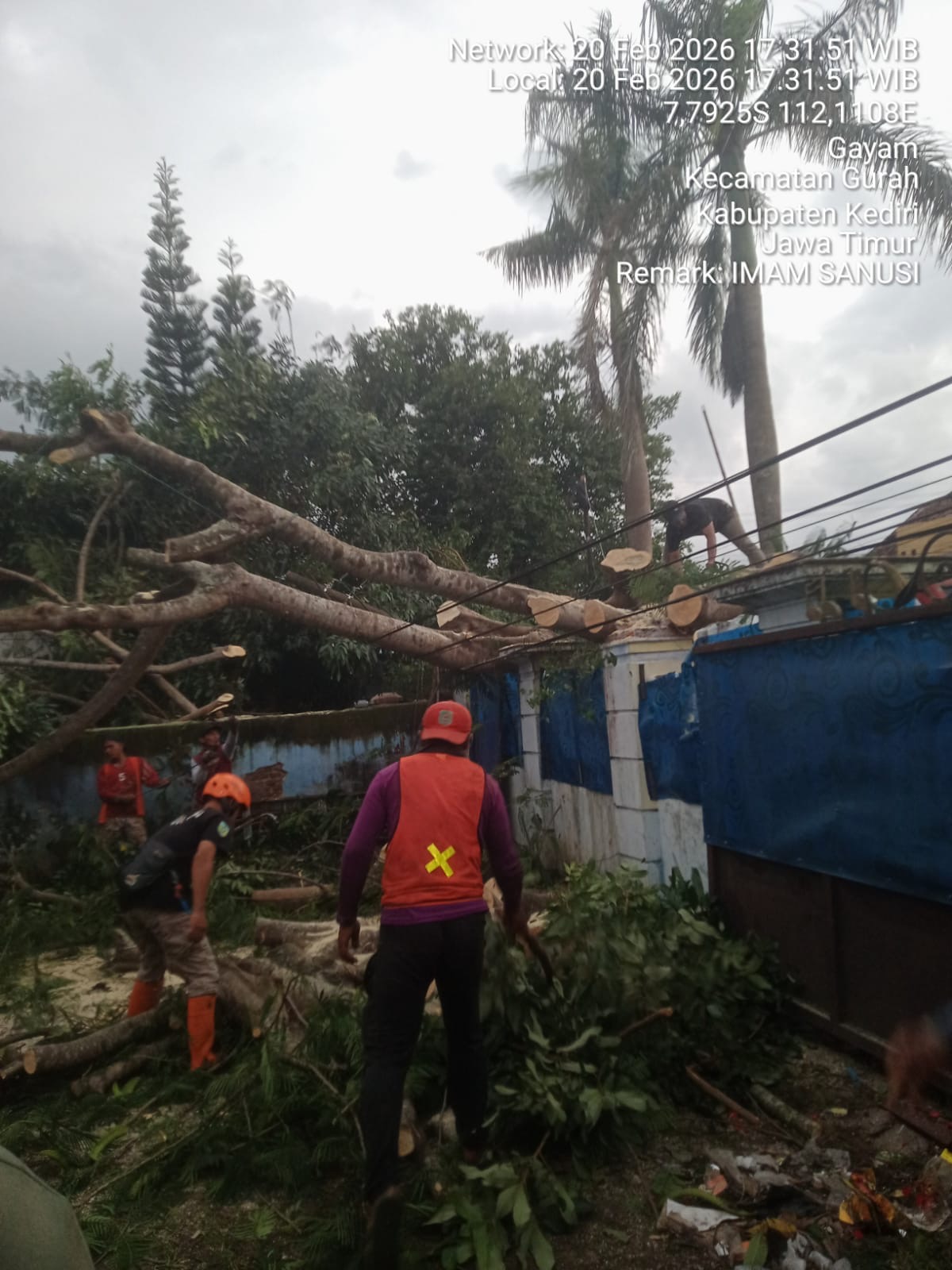 Perugas BPBD bersama masyarakat lakukan penanganan pohon tumbang di Gurah. (Foto: BPBD Kabupaten Kediri