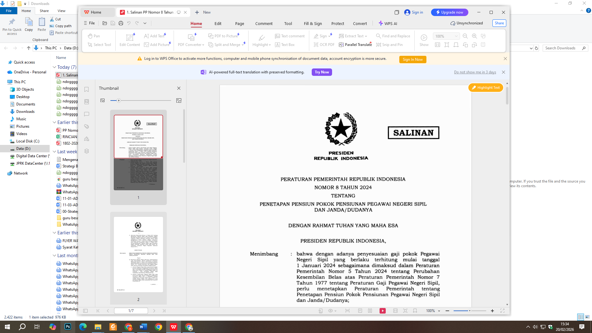 Peraturan Pemerintah Nomor 8 Tahun 2024 tentang gaji pensiunan PNS