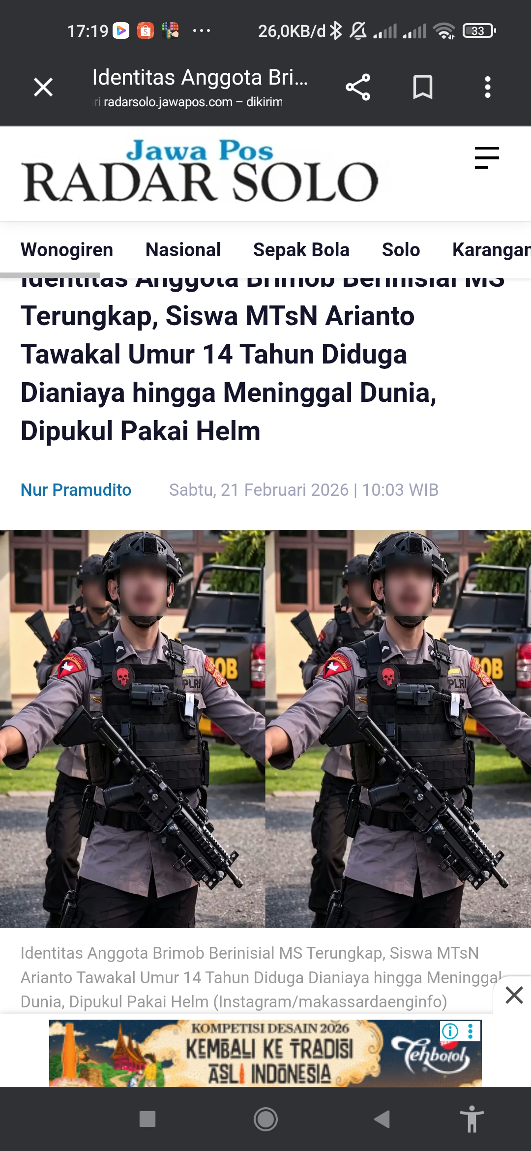 Anggota Brimob Inisial MS yang Aniaya Pelajar MTsN 