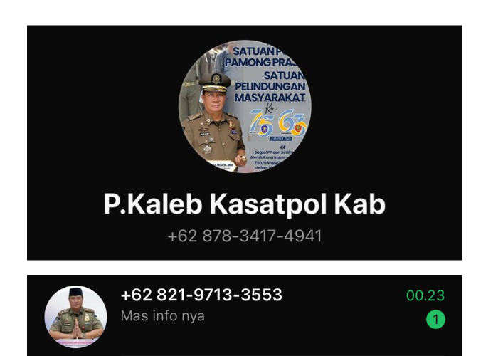 Dua nomor penipu yang mengatasnamakan Plt Kasatpol PP Kabupaten Kediri 