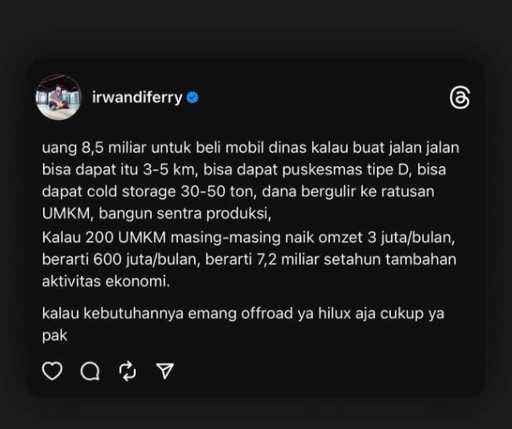 Tanggapan Ferry Irwandi Terkait Pengadaan Anggaran Mobil 8,5 M
