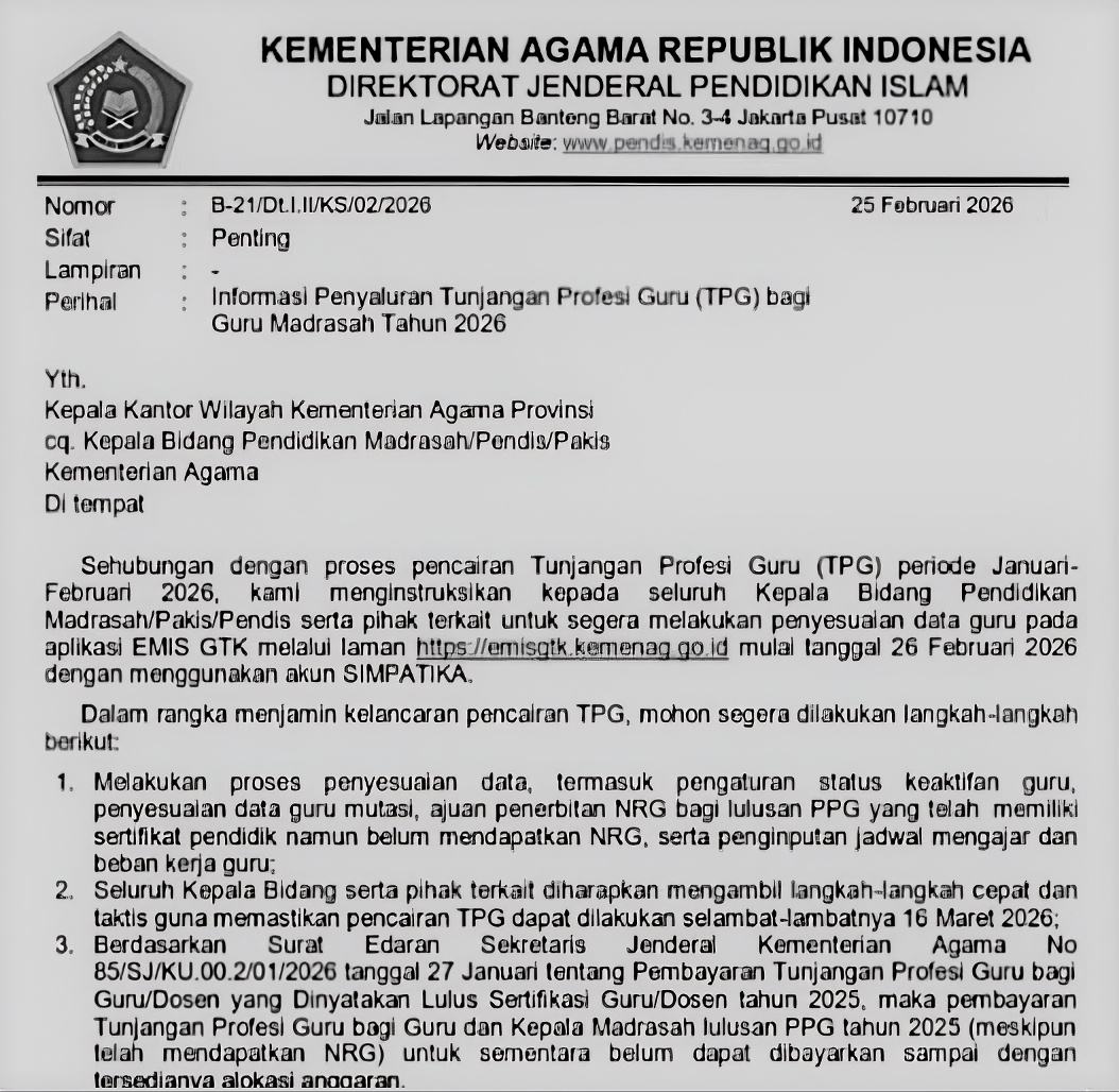 Surat Edaran (SE) Sekretaris Jenderal Kementerian Agama Nomor 85 Tahun 2026