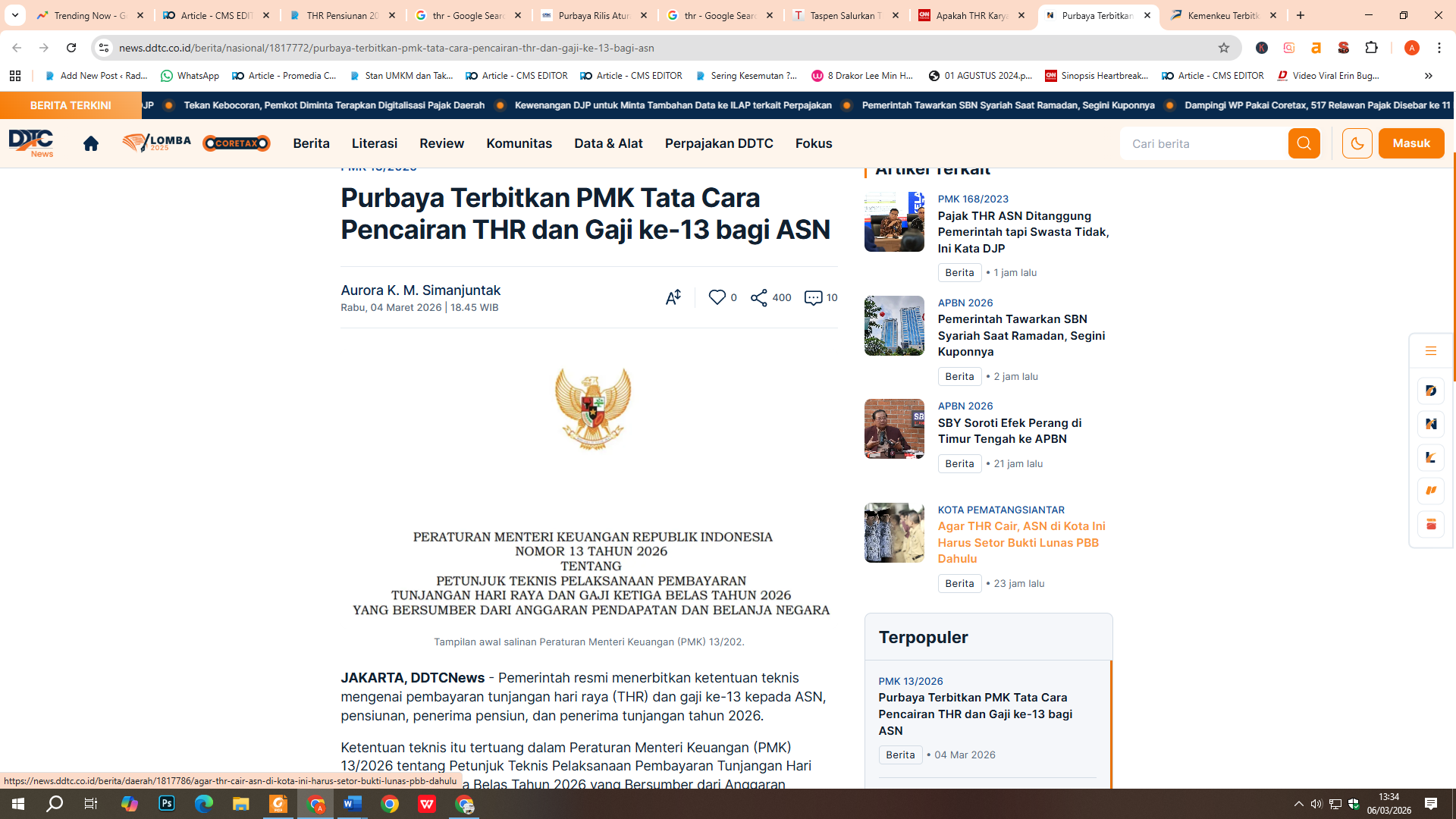 Tampilan Peraturan Menteri Keuangan (PMK) Nomor 13 Tahun 2026 