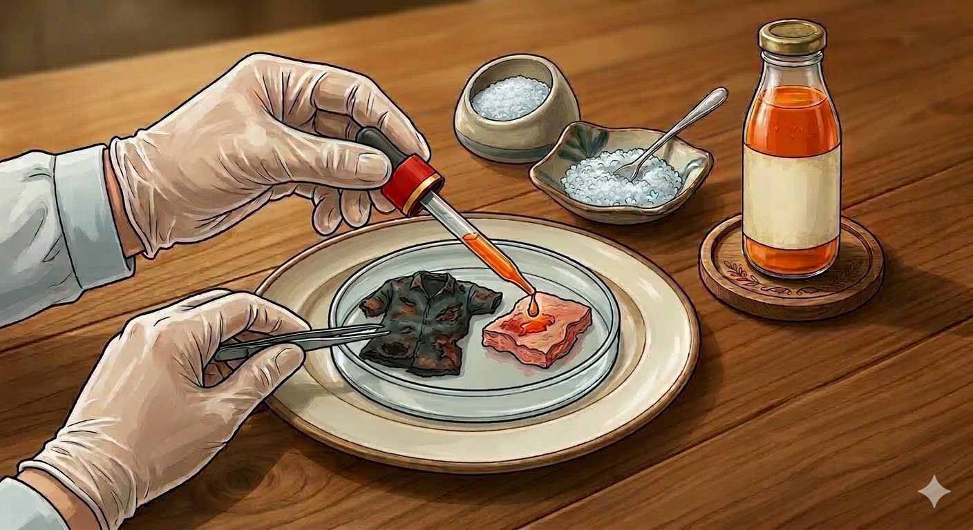 Ilustrasi Efek korosif air keras pada jaringan organik dan kain