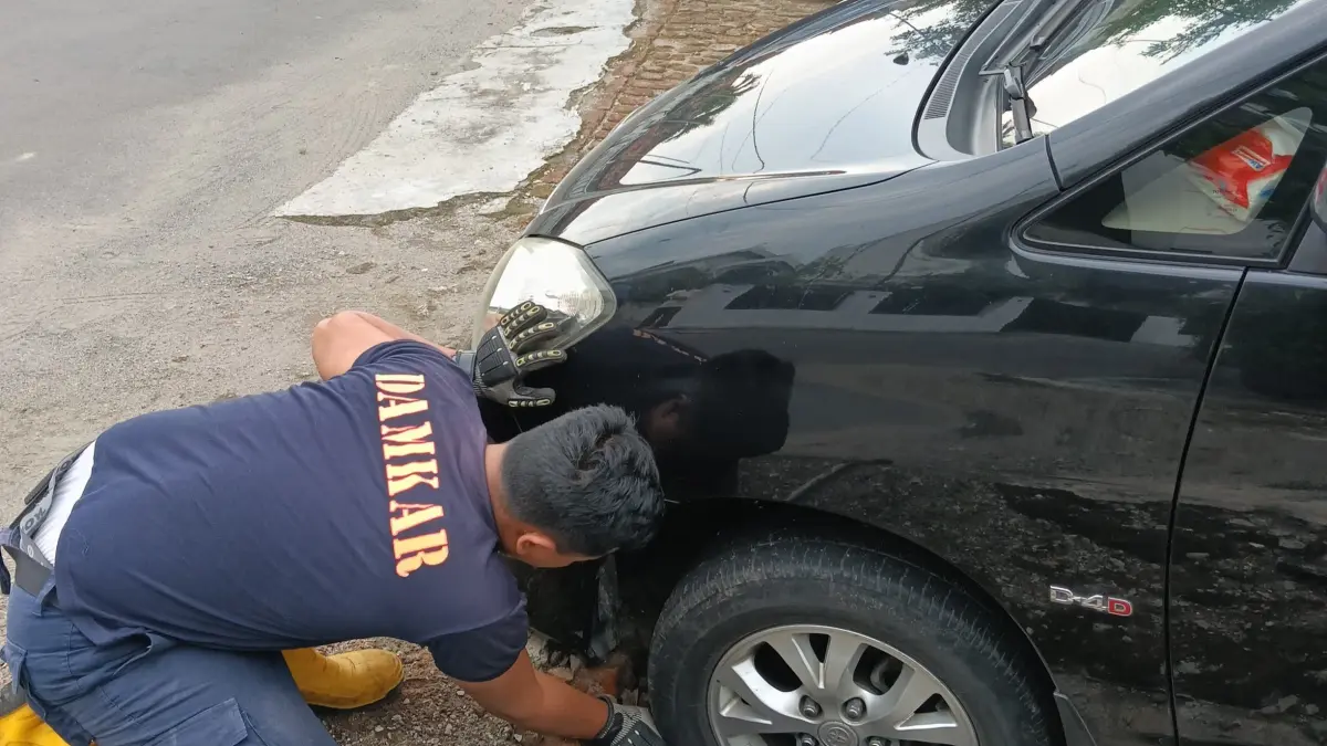 Petugas Damkar Kabupaten Kediri lakukan evakuasi mobil terperosok di Desa Kerkep