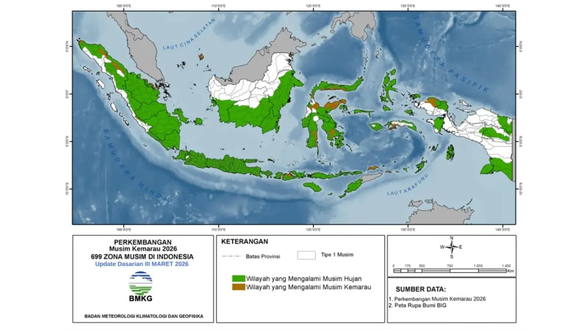 Wilayah yang sedang mengalami musim kemarau (warna coklat), pemutakhiran dasarian III Maret 2026 (Sumber: BMKG)